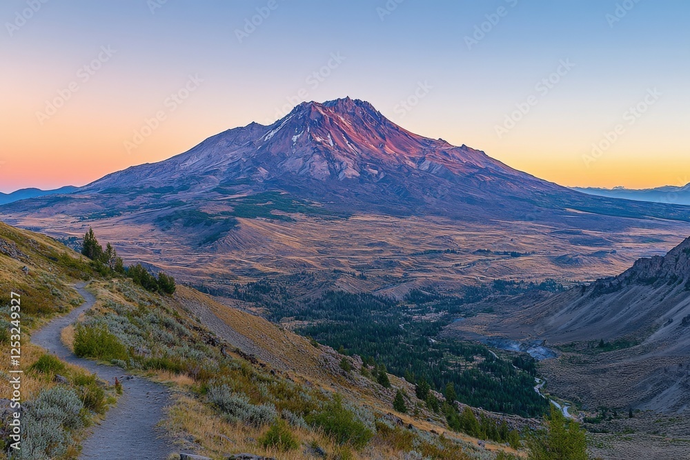 Majestic mountain landscape at sunrise with path Majestic mountain landscape at sunrise with path