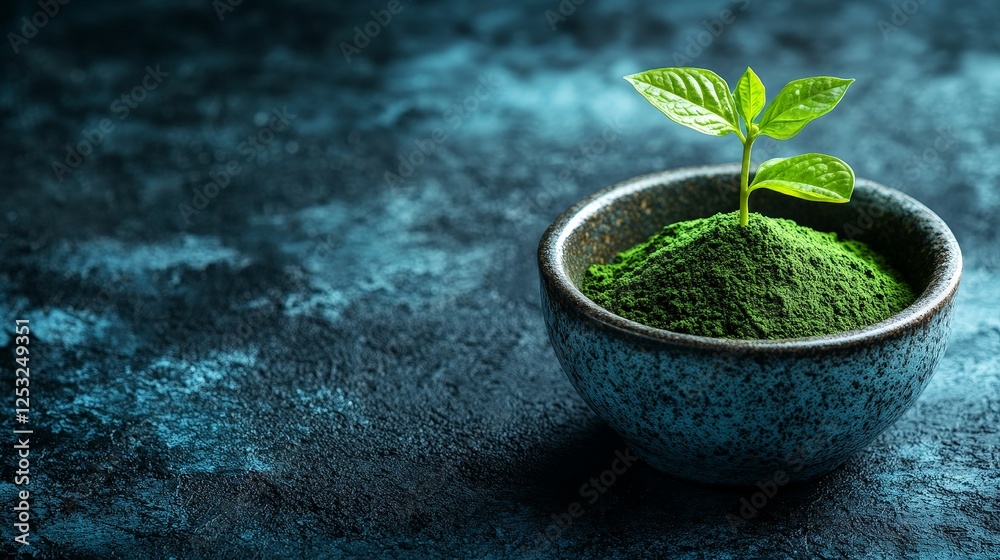 A small plant growing from a mound of green powder in a decorative bowl. A small plant growing from a mound of green powder in a decorative bowl.
