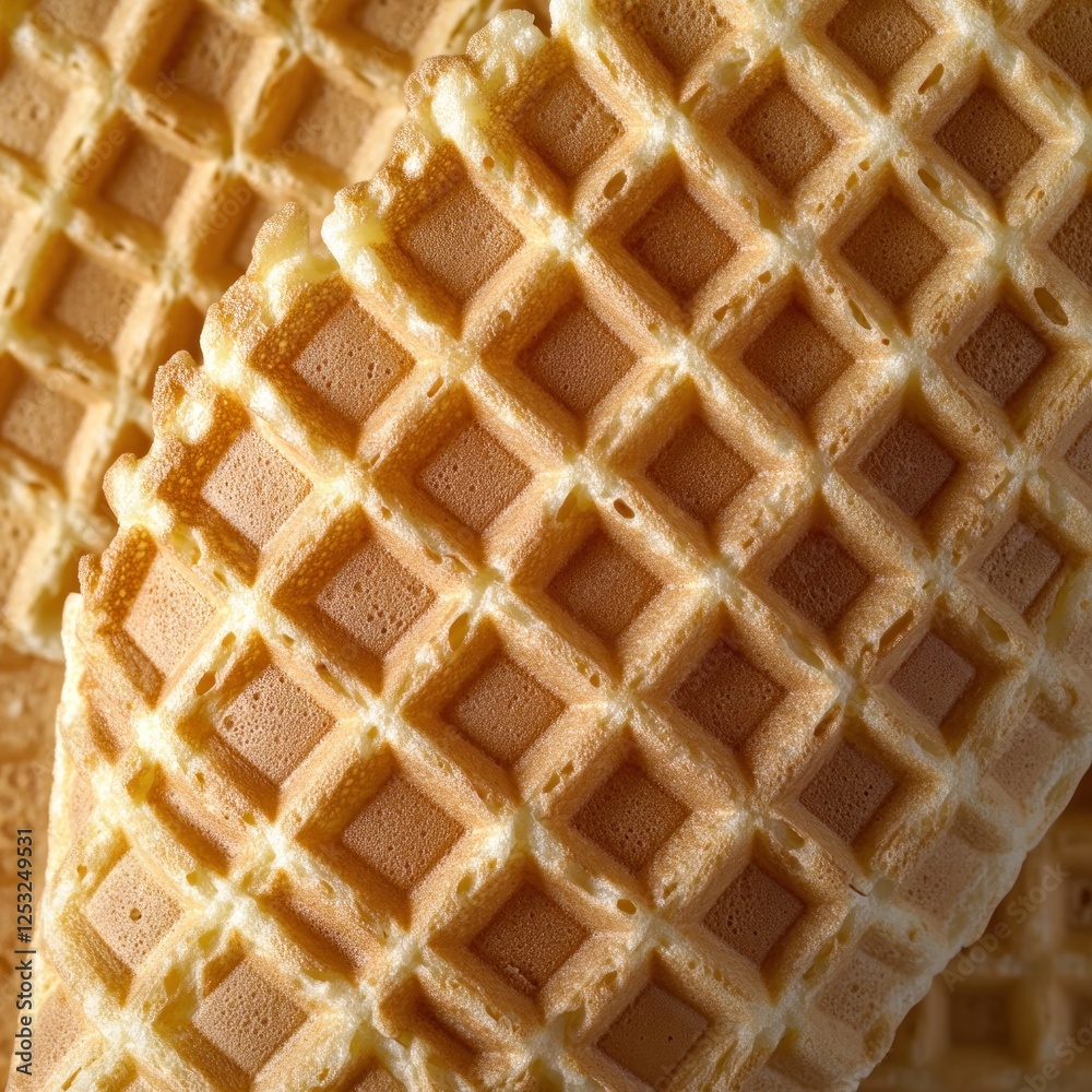 Close-up waffle cones, textured pattern, food background, recipe ingredient Close-up waffle cones, textured pattern, food background, recipe ingredient