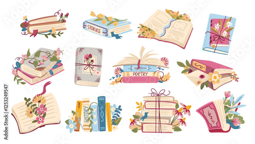 Open and closed paper cartoon books and literature stacks with flowers set. Funny old literature for reading. Reader club, festival mascots, cartoon cute floral bouquets with books vector illustration