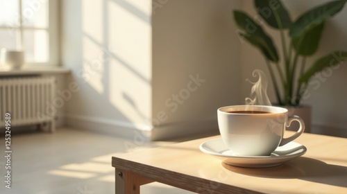 Wallpaper Mural A steaming cup of coffee on a light wood table bathed in sunlight, near a window and a plant, creating a tranquil morning atmosphere. Torontodigital.ca