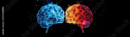 Dualsided brain sketch with one side creative and colorful, the other logical and geometric, representing the balance of thought, vibrant design photo