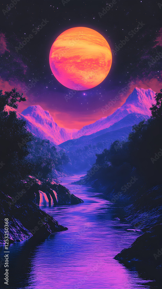 Naklejka premium A synthwave landscape with purple mountains and palm trees 