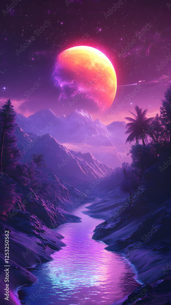 Fototapeta premium A synthwave landscape with purple mountains and palm trees 