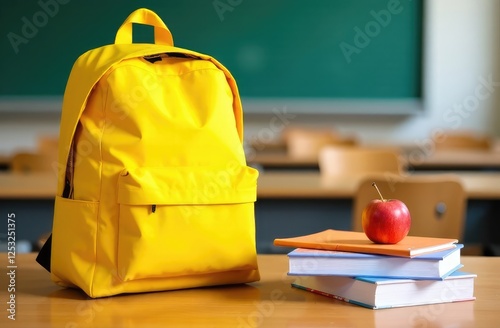 Yellow backpack with apple and copybooks on desk in classroom