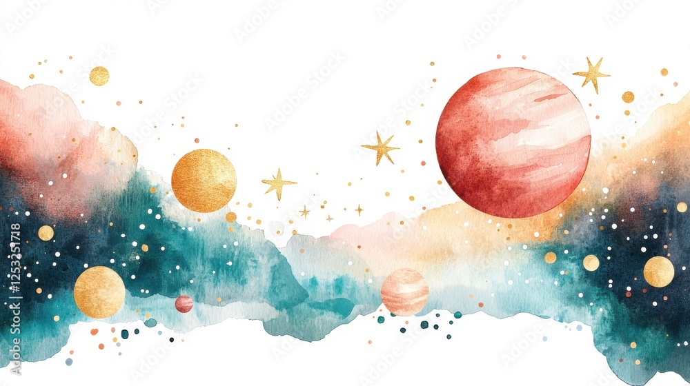 Fototapeta premium Delicate Hand-Drawn Celestial Motif with Planets and Stars
