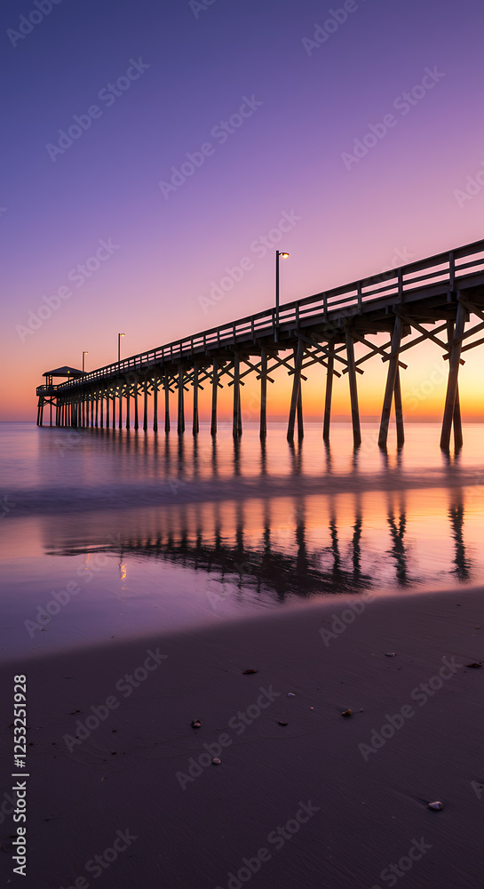 Pier at Dusk: Serene Coastal Sunrise Under a Wooden Jetty, Ocean Reflection, Beautiful Sunrise Aesthetic. Pier at Dusk: Serene Coastal Sunrise Under a Wooden Jetty, Ocean Reflection, Beautiful Sunrise Aesthetic.