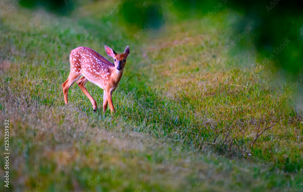 Obraz premium White-tailed deer fawn, Odocoileus virginianus, pausing and looking towards the camera on its way to the cover of trees