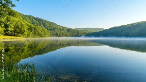 A Tranquil Lake Morning Reflecting Misty Hills in Early Light Serenity