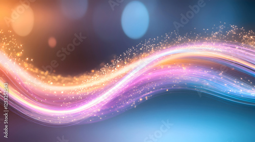 A dynamic wave of colorful  glowing light trails with sparkles flowing across a soft  dreamy background of blue and orange hues. Selective focus. Ideal for digital design and modern branding