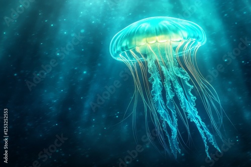 An jellyfish floating gracefully in a dark underwater. Generative AI photo