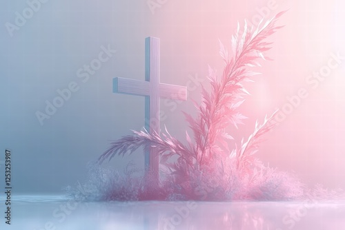 ethereal Easter scene with a minimalist wooden cross on a plain white background photo