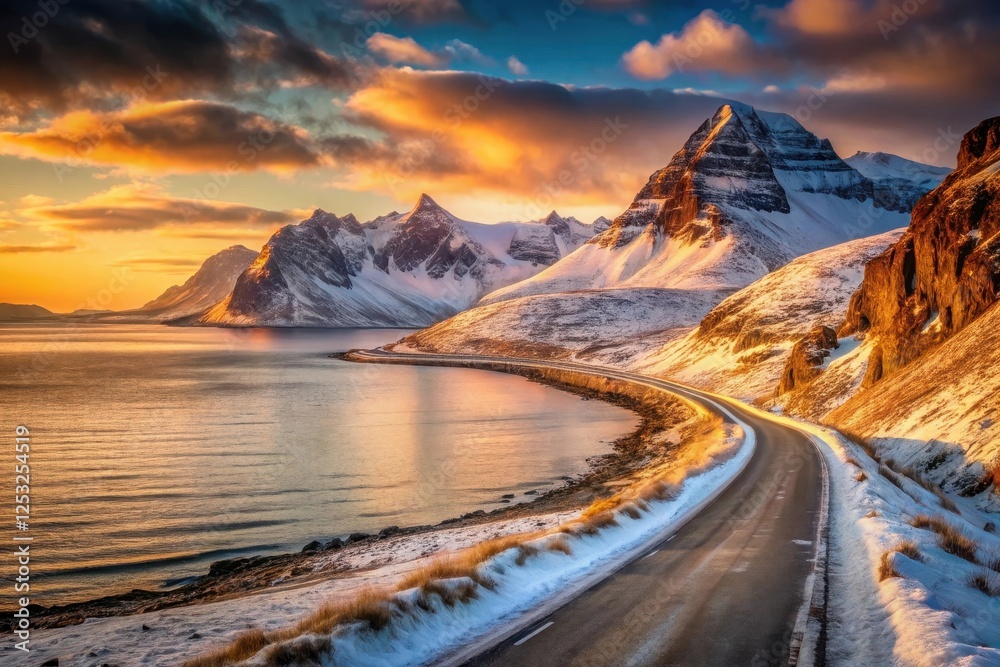 Fototapeta premium A scenic coastal highway winds through a snow-dusted mountainous landscape bathed in the warm glow of a breathtaking sunset, creating a majestic winter wonderland scene.