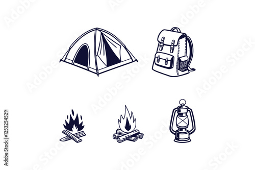 set of camping equipment silhouette clip art vector illustration
