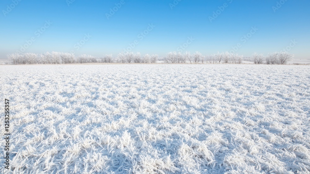 Frosty field, winter trees, clear sky, sunrise, nature scene Frosty field, winter trees, clear sky, sunrise, nature scene