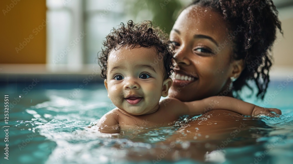 A mother and her child, both African American, are smiling in the pool while making eye contact A mother and her child, both African American, are smiling in the pool while making eye contact