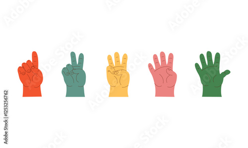 Minimalist flat-style illustration of five colorful hands showing finger counting from one to five. Perfect for educational materials, learning visuals, infographics, school resources