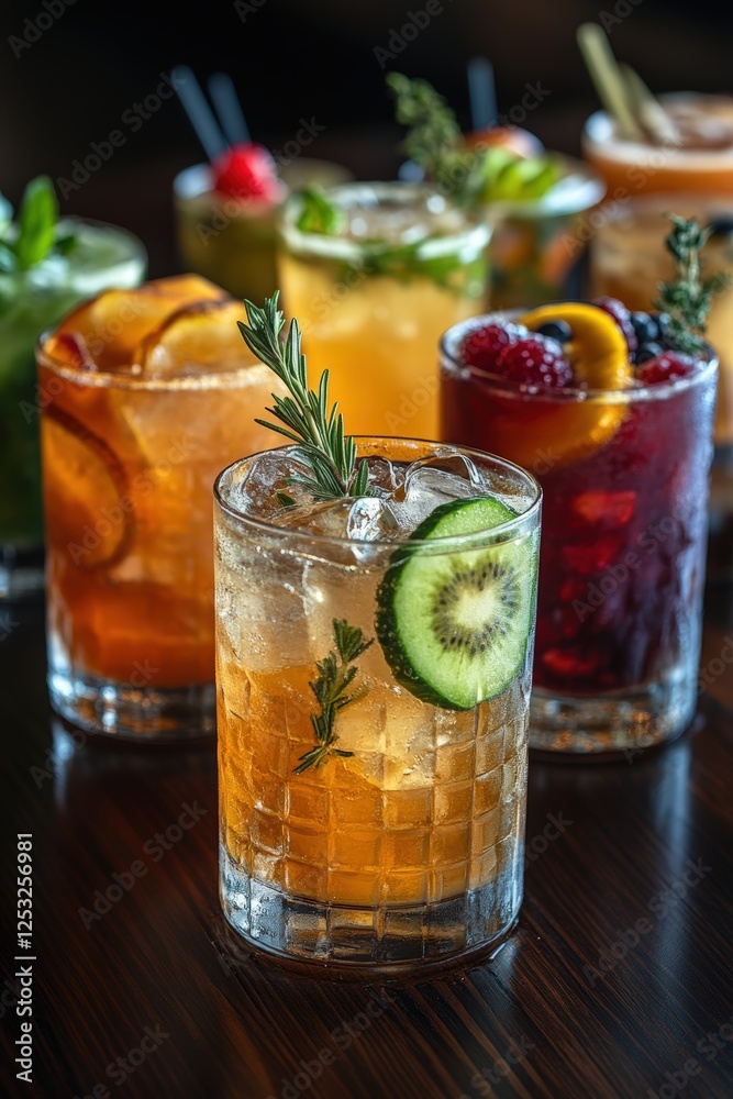 iced fruit cocktails on a dark wooden table, each drink uniquely garnished with fruits and herbs iced fruit cocktails on a dark wooden table, each drink uniquely garnished with fruits and herbs