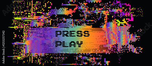 Digital vector illustration with a glitch effect features vibrant horizontal streaks of pink, yellow, and blue on a dark background. Pixelated distortions create a futuristic, abstract aesthetic.
