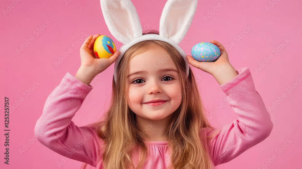 Easter celebration with an 11-year-old Asian girl in bunny ears on a solid pastel lavender background Easter celebration with an 11-year-old Asian girl in bunny ears on a solid pastel lavender background