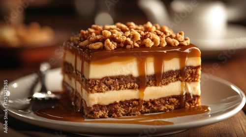 Elegant Rich Dessert with Crunchy Caramel Layers on Plate