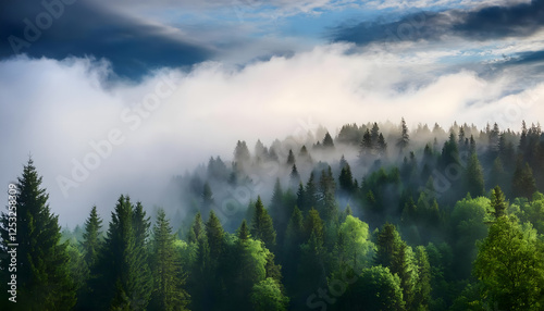 Fototapeta Naklejka Na Ścianę i Meble -  Misty Low-Hanging Clouds Over a Forest