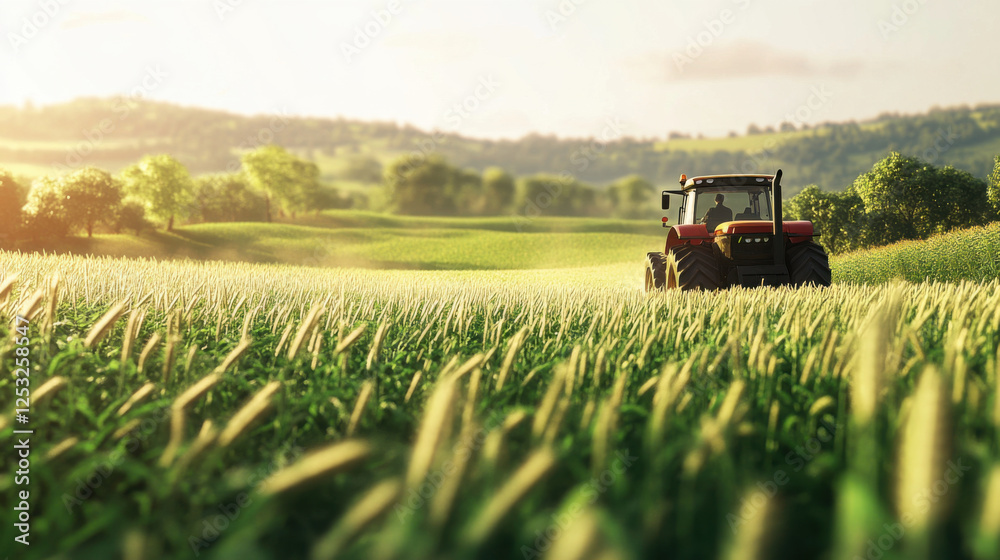Fototapeta premium farmer driving tractor through lush green field, surrounded by rolling hills and sunlight, captures essence of rural life and agriculture