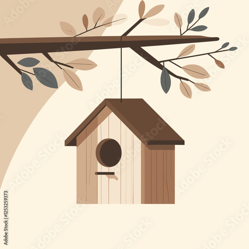 Colorful birdhouse hanging on a branch, minimalist style, warm tones, copy space
