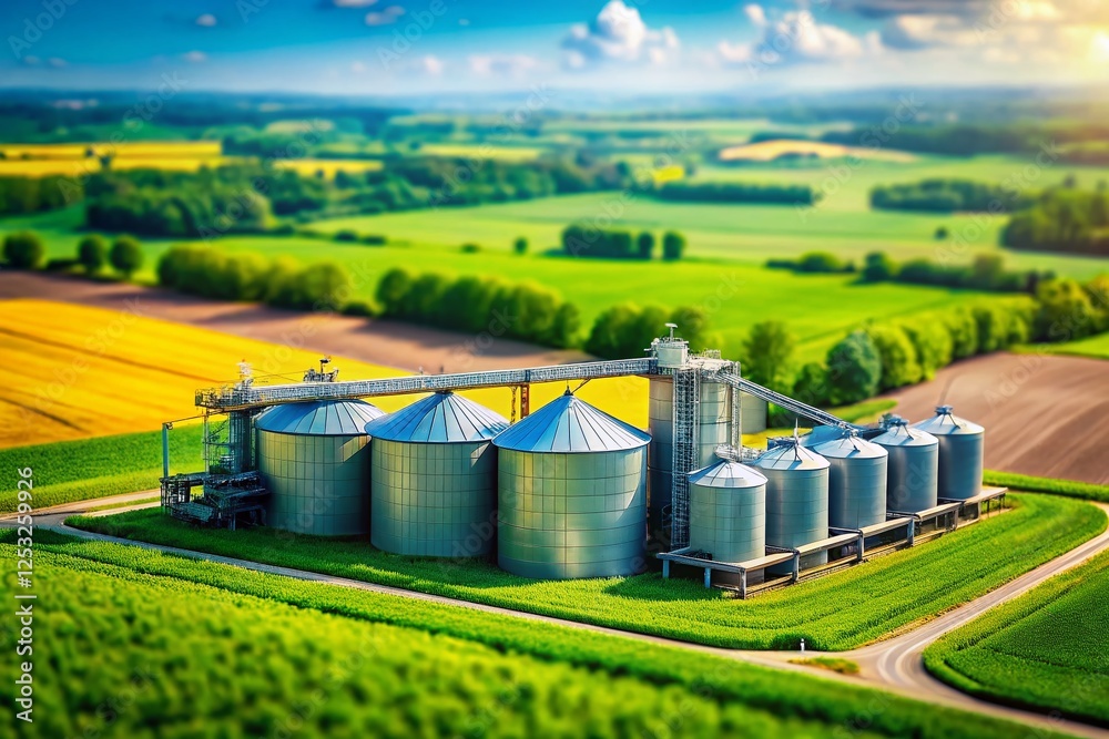 Tilt-Shift Photography: Modern Grain Storage Complex Amidst Lush Cornfields Tilt-Shift Photography: Modern Grain Storage Complex Amidst Lush Cornfields