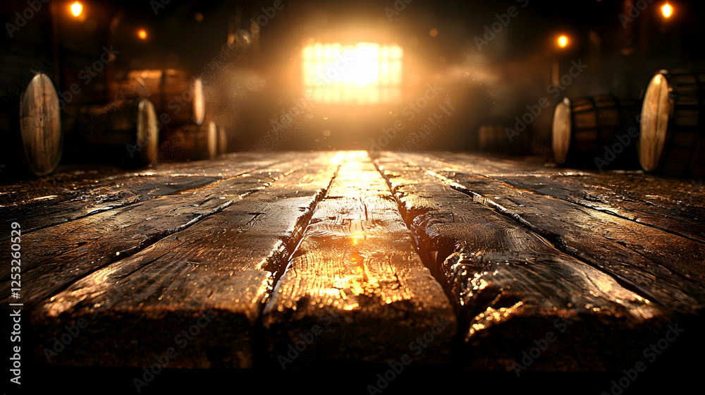 Obraz premium Rustic wooden table in cellar, barrels background, warm light