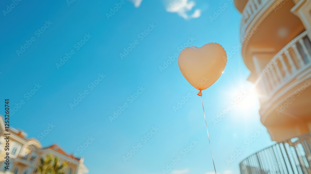 Fototapeta premium heart shaped balloon floats against bright blue sky, evoking joy