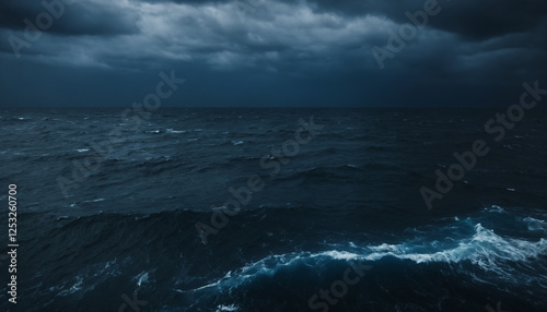 The ocean is rough and choppy, with dark clouds looming overhead