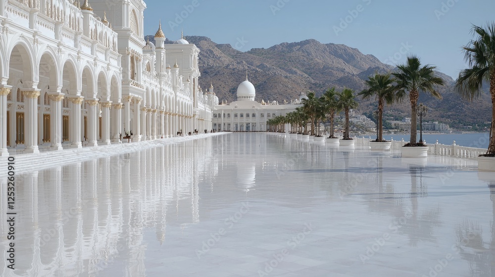 Fototapeta premium Coastal Palace Reflecting in Marble Plaza