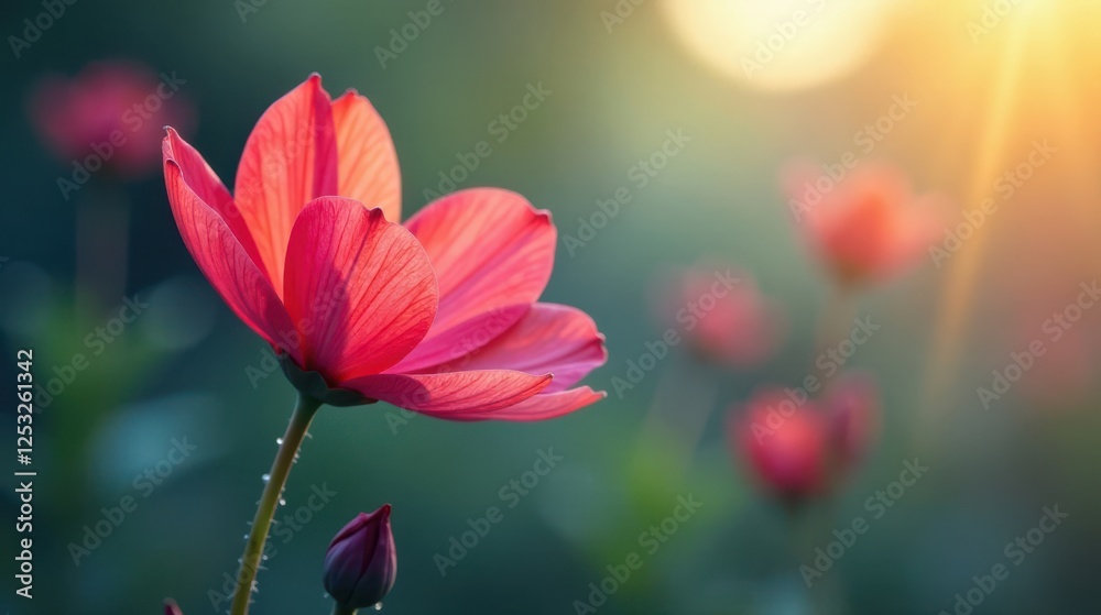 Obraz premium A Single Pink Blossom at Golden Hour, Illuminated by Warm Sunlight, Soft Focus Background, Delicate Petals, Vibrant Color, Natural Beauty, Tranquil Scene
