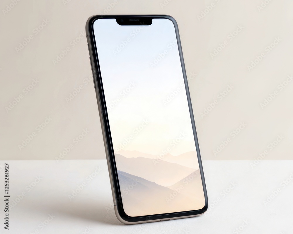 Modern Smartphone Standing on Neutral Background with Minimalist Display Modern Smartphone Standing on Neutral Background with Minimalist Display