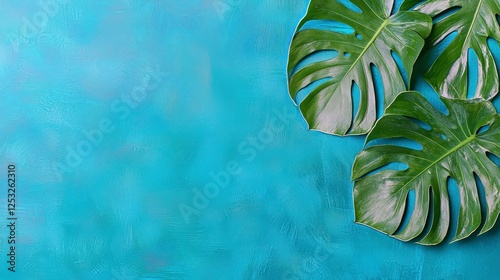 Green Monstera Leaves on Textured Blue Background