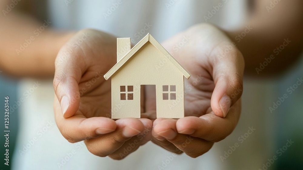 Hands holding a small model house, symbolizing homeownership or protection. Hands holding a small model house, symbolizing homeownership or protection.