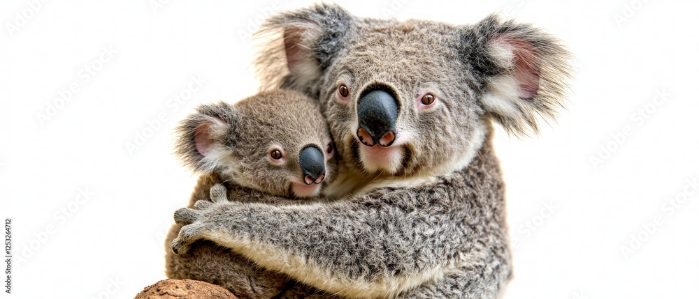 Grey Koala and Joey Cuddling on White Background Grey Koala and Joey Cuddling on White Background