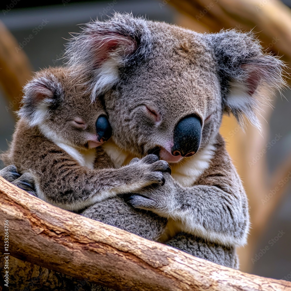 Naklejka premium Grey Koala and Joey Embracing on Tree Branch