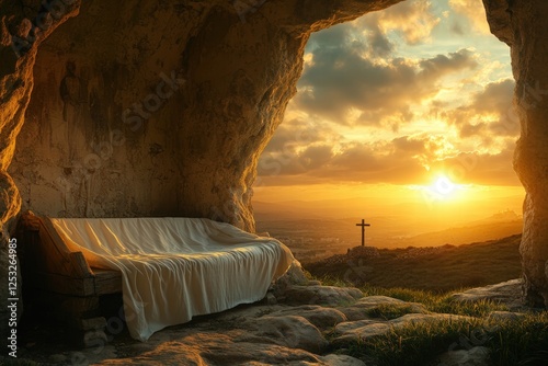 dramatic sunrise illuminating an empty tomb carved into the rock, with a white shroud lying inside and a distant silhouette of the crucifixion