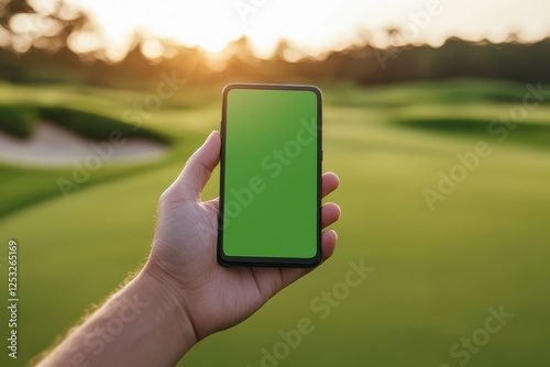 Hand Holding Smartphone with Green Screen at Golf Course Sunset