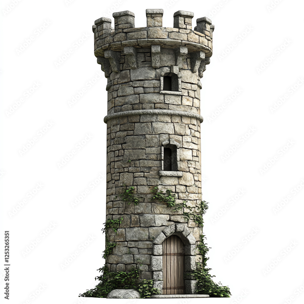 Obraz premium A historic stone tower with ivy creeping up its walls, showcasing impressive medieval architecture. Perfect for themes of history, travel, and exploration.