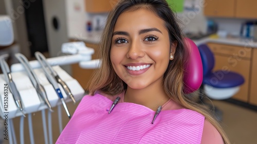 A confident Hispanic woman sits in a dental chair, smiling brightly with dental tools nearby, celebrating National Dentists Day