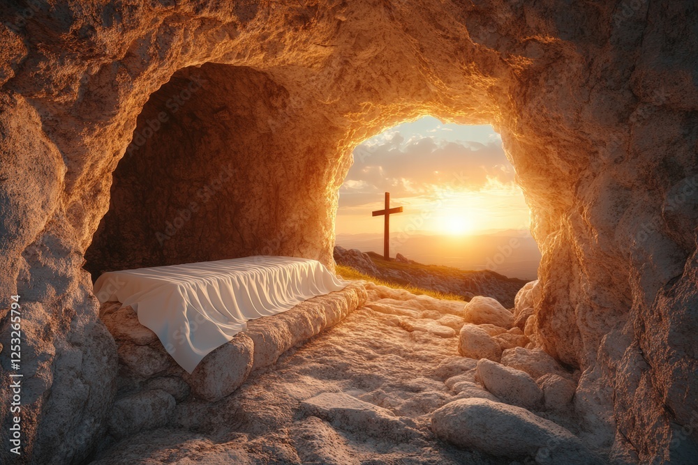dramatic sunrise illuminating an empty tomb carved into the rock, with a white shroud lying inside and a distant silhouette of the crucifixion