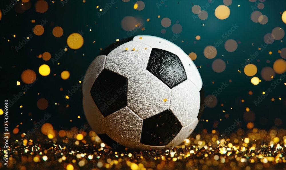 Shiny Soccer Ball Surrounded by Golden Glitter and Sparkling Lights Shiny Soccer Ball Surrounded by Golden Glitter and Sparkling Lights