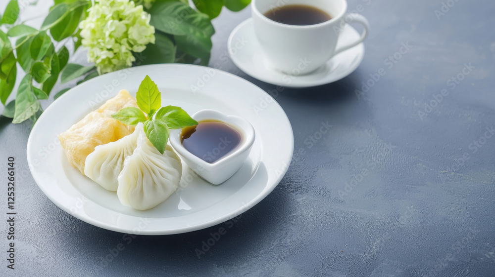 Delicious dumplings served on plate with dipping sauce and tea Delicious dumplings served on plate with dipping sauce and tea