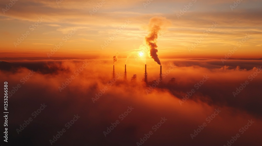 Obraz premium Sunrise over factory smokestacks in clouds. Aerial view. Possible use for environmental issues, industrial landscapes