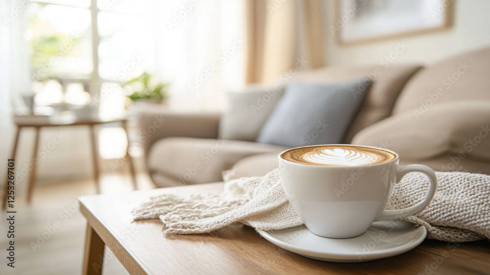 stylish cup of coffee on wooden table in cozy living room, featuring soft furnishings and natural light stylish cup of coffee on wooden table in cozy living room, featuring soft furnishings and natural light