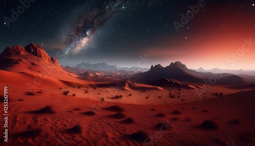 mars space landscapes concept, the martian surface, the red sand dunes with dark night universe in background with stars