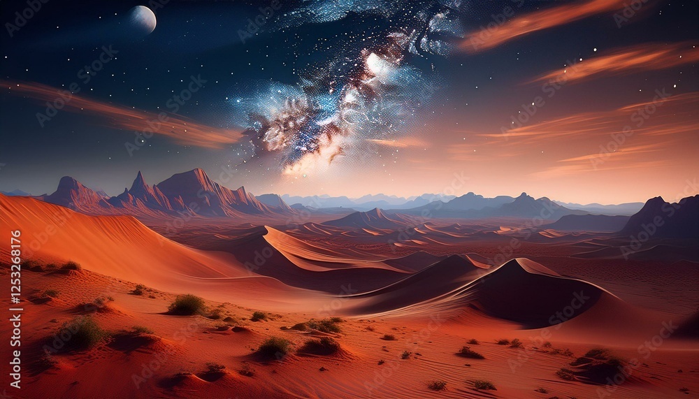 mars space landscapes concept, the martian surface, the red sand dunes with dark night universe in background with stars mars space landscapes concept, the martian surface, the red sand dunes with dark night universe in background with stars